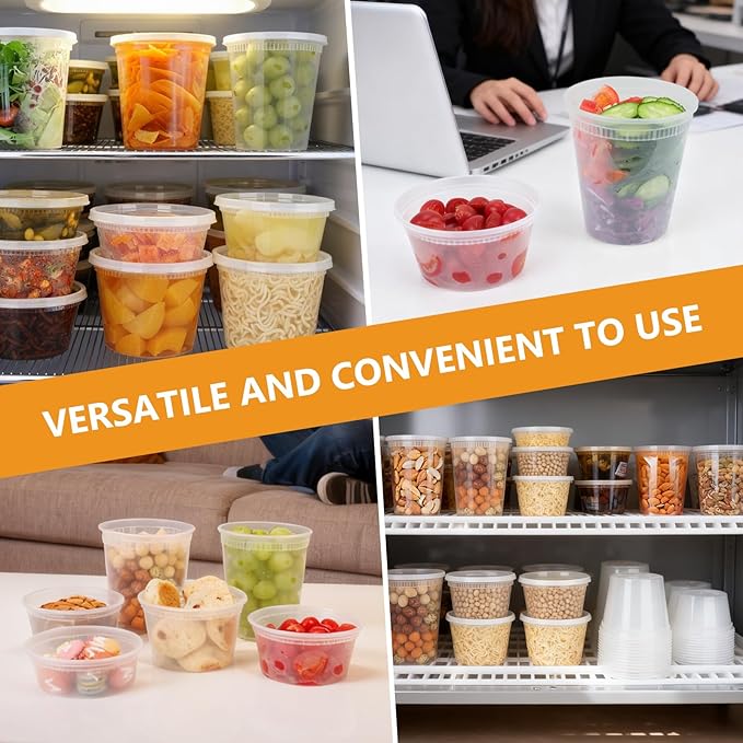 NESCCI 96 Sets (192-Piece) Deli Containers with Lids, 32/16/12/8 oz X 24 Set Each, Leak-Proof & BPA Free Airtight Takeout Plastic Food Storage Containers for Soup, Meal Prep,Microwave/Freezer Safe