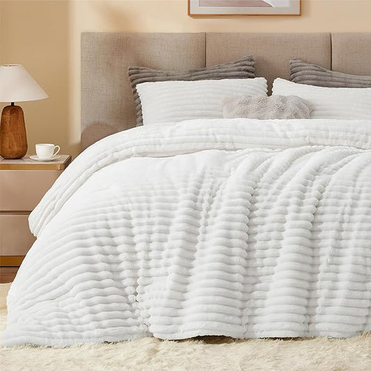 BEDELITE Fleece Full Comforter Set -Super Soft & Warm Fluffy Bright White Bedding, Luxury Fuzzy Heavy Bed Set for Winter with 2 Pillow Cases