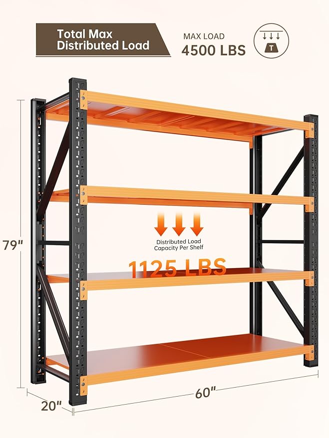 4-Tier Storage Shelves,79" H Heavy-Duty Garage Shelving Unit,Adjustable Metal Industrial Shelf System,4,000lbs Capacity,Tool Organizer for Garage,Workshop,60" W x 20" D x 79" H,Black&Orange