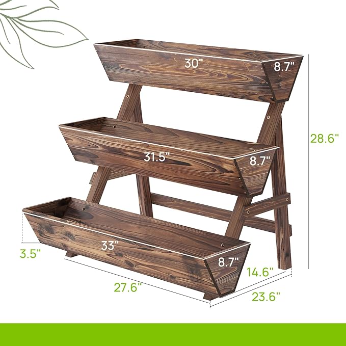 3-Tiers Wooden Raised Garden Bed Tiered Planter Box Vertical Garden Planter Wood Plant Stand for Patio, Balcony, Freestanding (Carbonized L)