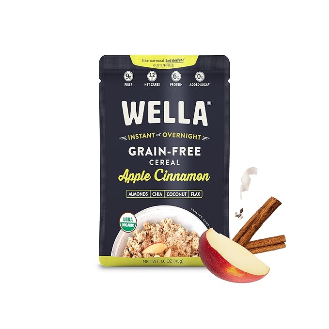 Wella Cereal Oatmeal Alternative, Gluten-Free Breakfast Hot Cereal, Grain-Free Paleo Organic Vegan High Protein Superfood, Plant-Based Non-GMO, Low in Net Carbs, Single-Serve Packets, Apple Cinnamon Flavor (5 Count, 1.6 oz. Packets)