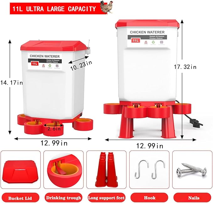 FXiaoy Heated Chicken Waterer, Automatic Poultry Waterer, 11L (Red, 11L)
