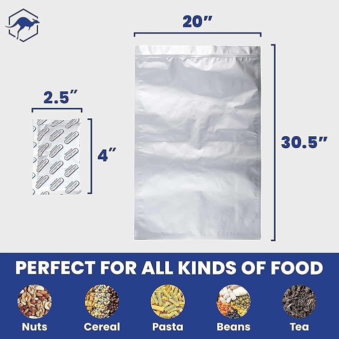Wallaby 15 Count 5-Gallon Mylar Bags with 2500cc Oxygen Absorbers, 10 Mil Total Thickness Long-Term Food Storage Pouches, 20x30 Resealable Zipper Heat-Sealable Airtight Packaging - Silver
