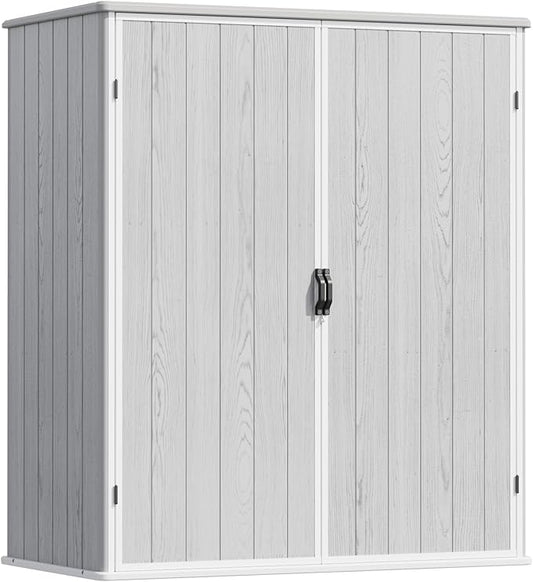 Devoko 5 x 3 Resin Outdoor Storage Shed with Floor - Waterproof Plastic Outdoor Tool Cabinet with Lockable Doors for Patio Furniture, Pool Accessories, Garden Tools (Light Gray)