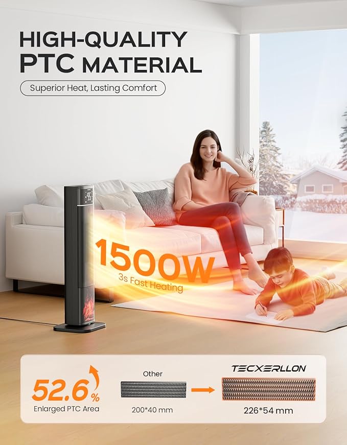 32.3" Portable Space Heaters for Indoor Use Large Room, 1500W Tower Electric Space Heater with 3D Flame, PTC Ceramic Space Heaters with Remote (Black, 33-inch)