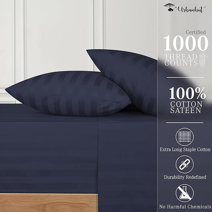 URBANHUT 1000 Thread Count Damask Striped King Sheet Set Egyptian Cotton Sheets, Long Staple Soft & Breathable, 4 Pcs Bed Sheet Sets, Luxury Hotel Sateen Sheets Fits 16" Deep Pocket - Navy Blue