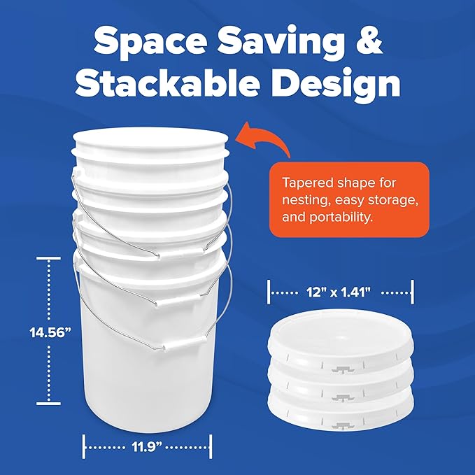 ePackageSupply White 5-Gallon Bucket with Lid | Made in USA | Food Grade | Heavy-Duty Extra Durable Plastic Bucket | Multi-Use Food Grade Buckets with Lids | Easy Stack and Store | BPA Free | 3 Pack