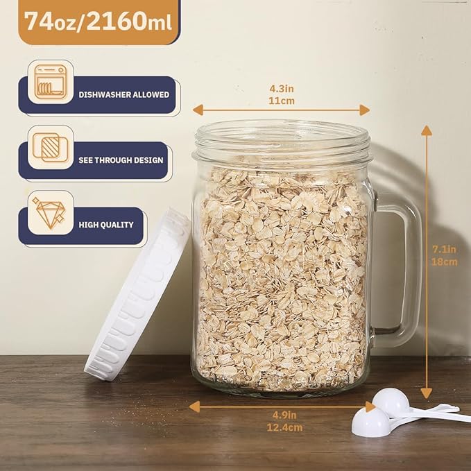 Glass 74 Ounce Mason Jars Wide Mouth Mason Jar Large Square Food Container with Lid for Overnight Oats and Food Storage (1 Pack)