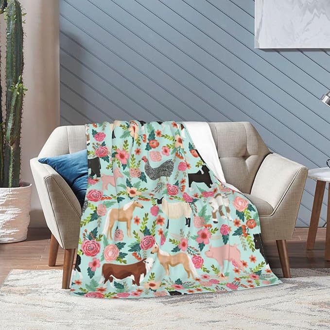 Cow Horse Blanket Super Cozy Soft Pig Goat Blanket Warm Plush Fluffy Chicken Flower Stuff Gifts for Women Girls Fleece Flannel Gift Blankets for Kids Adults 80"X60"
