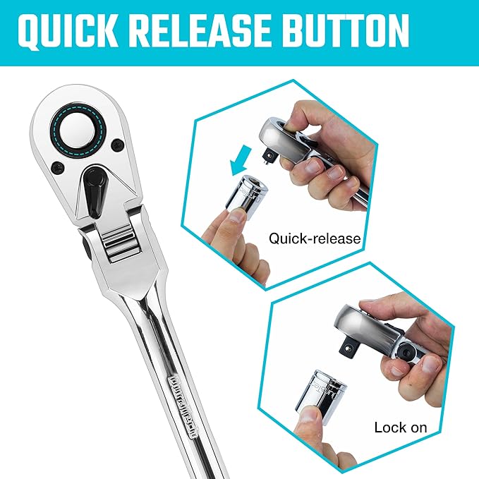 DURATECH 1/2" Drive Flex-Head Ratchet, 72-Tooth Ratchet Wrench, Quick-release, Reversible Switch, Full-Polished Chrome Plating, Alloy Steel