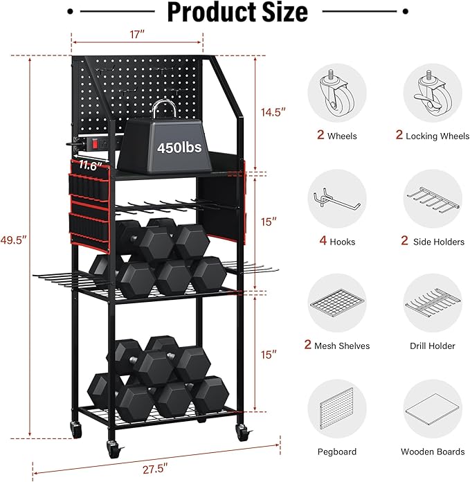 TC-HOMENY Power Tool Organizer Cart with 8 Outlets Charging Power Station, 24 Large Drill Tool Storage Racks with Wheels for Garage, Heavy Duty Tools Organizer Station, Festival Gifts for Men Dads