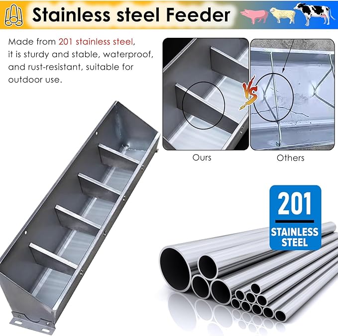 Heavy Duty 2-in-1 Stainless Steel Livestock Feed Trough for Pigs, Sheep, Cattle, and Goats - Hanging Design with Sloped Opening, 39.4" Long, Easy Feeding for Farm Animals