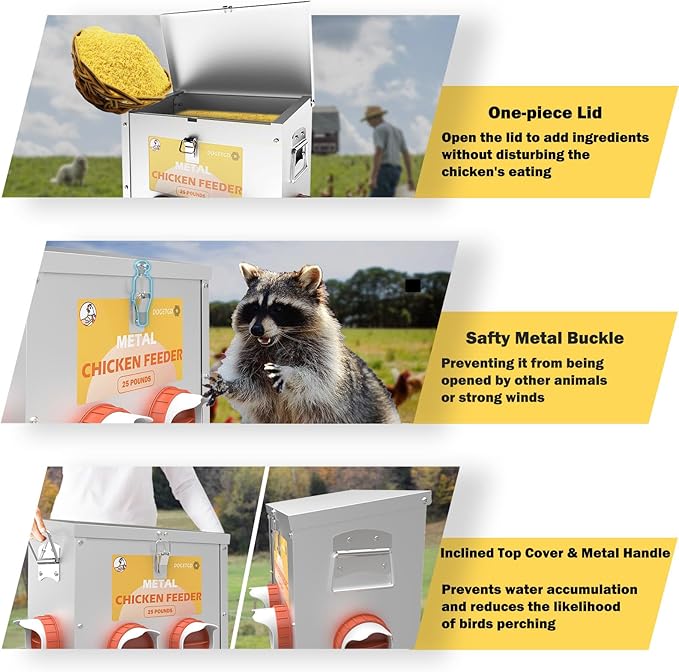 Automatic Chicken Feeder No Waste Metal Poultry Feeder Large Capacity 85lbs for Chickens, Geese, Ducks, Turkeys, Quails (10-Port)