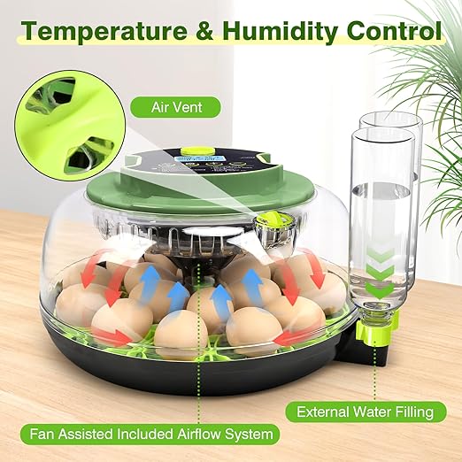18 Chicken Egg Incubator with Temperature Control, Humidity Display, Auto Egg Turner, Egg Candler, 2 Size Egg Trays, Chick Incubaotrs for Hatching Eggs Digital Incubator for Chicken, Duck Eggs