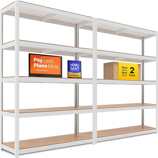 HOMEDANT House 5 Tier Laminated Metal Shelving Unit Adjustable Storage Utility Rack Heavy Duty Shelves Organization Multipurpose Shelf Kitchen Garage Pantry Closet (2, (L) 48.1" W, White)