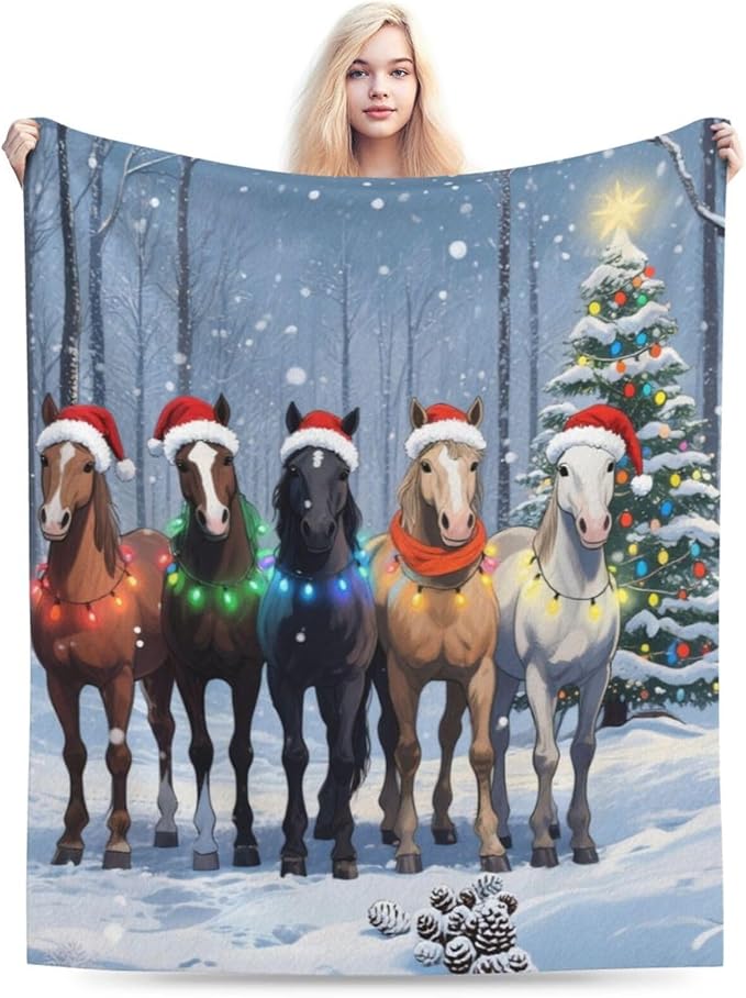 Christmas Horse Blanket, Soft Plush Fleece Animal Throw Blanket - Cozy Warm Stuffed Blankets Bedding Horse Gifts for Women Girls Kids Adults 40"X50"