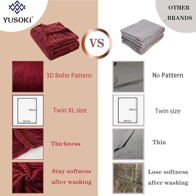 YUSOKI Sherpa Twin XL Blanket(Without Pillows)-3D Stylish Design Super Soft Blankets for Teen Girls Women Couch Bed Sofa Chair Men Boys Gift(Burgundy Red,65"x90")