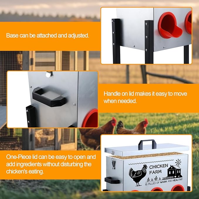 Automatic Chicken Feeder Box 30 lbs, 6 Feeding Ports, No Waste Poultry Feeder with Locking Lid and Adjustable Legs for Chickens, Ducks, Geese Galvanized Metal (30 Lbs-6 Ports)