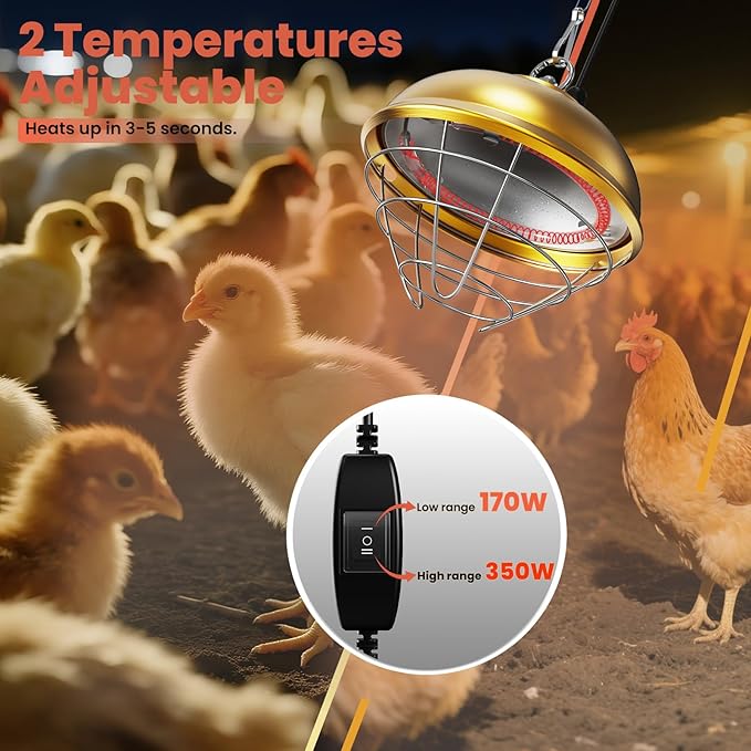 Heat Lamp for Chickens, 170W & 350W Adjustable Heating Temperature and Hanging Height, Chicken Coop Heater, Brooder Lamp, Carbon Fiber Heating Lamp for Chicks, Ducks, Rabbits, Cats, Dogs, Livestocks