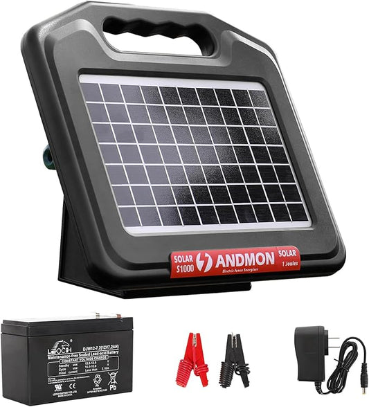 S1000 1 Joule Solar Fence Charger, 40 Miles Solar Electric Fence Charger for Livestock, Horses, Cattle Sheep, Portable and Super Tough