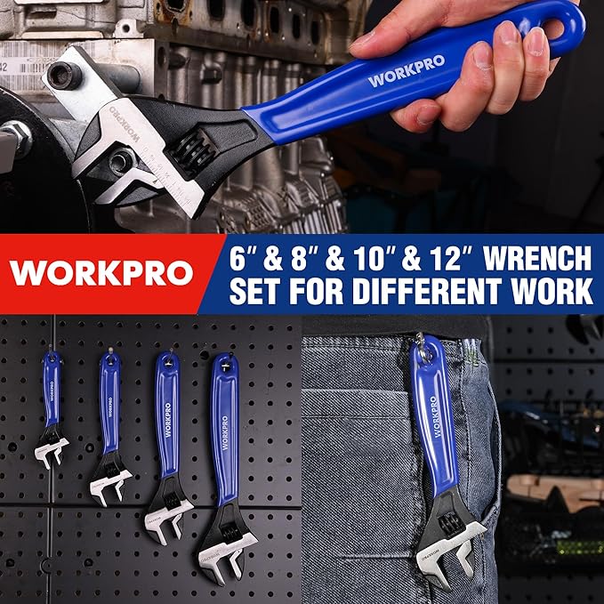 WORKPRO 4-piece Adjustable Wrench Set, 6-Inch & 8-Inch & 10-Inch & 12-Inch Wrenches, Wide Jaw Black Oxide Wrench, Metric & SAE Scales, Cr-V Steel, for Home, Garage, Workshop