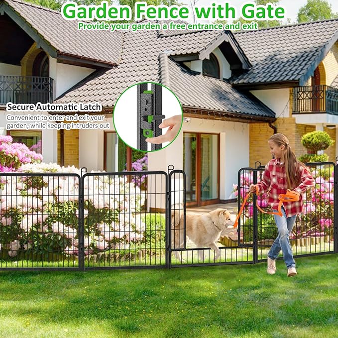 No Dig Decorative Garden Fence with Gate Rustproof Metal Fence Panels, 32in(H) x 53Ft(L) Garden Fencing for Yard 20 Panels Animal Barrier Fence for Dogs, Rabbit, Patio