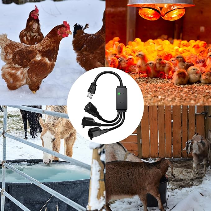 3 Plug Thermostat Controlled Extension Cord - On at 32°F/Off at 50 °F, Thermostat Controlled Outlet No Need to Close Manually, for Chicken Water Coop Heater Heated Water Bowl Bird Bath Deicer Roof Cab