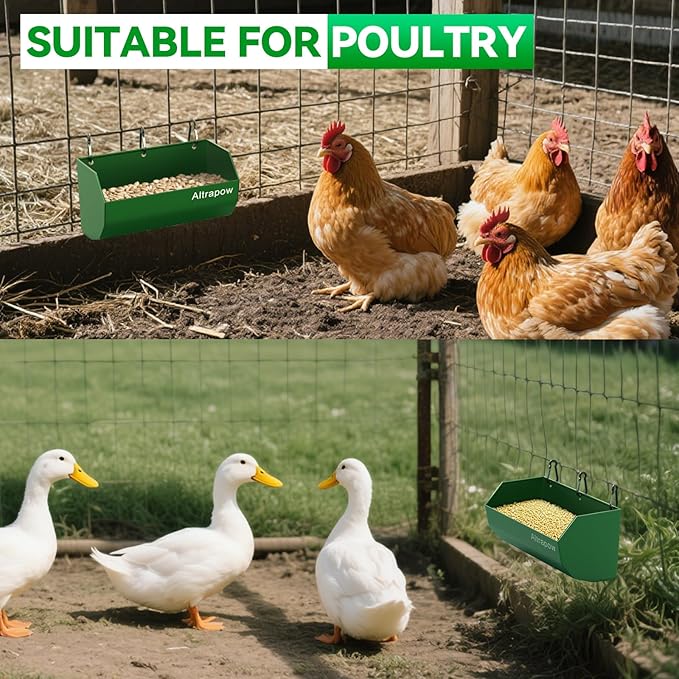 4.5 Quart Hanging Goat Feeder [Material of Metal] with Clips and Nylon Tie Wraps, Fence Feeder [Sturdy and Durable] for Goat, Pig and Dog, Green, 2 Pack