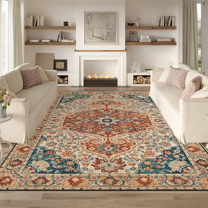 Area Rug 4x6 Brown Living Room Rugs,Machine Washable Rug,Stain Resistant Soft Thin Carpet,Boho Vintage Home Decor,Indoor Non-Slip Rugs,for Bedroom,Office,Farmhouse,Dining