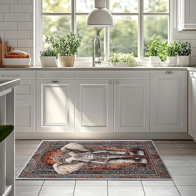 2x3 Elephant Area Rugs Boho Elephant Rug for Bathroom Kitchen Entryway Indoor Soft Non-Slip Thin Hippie Carpet Vintage Small Brown Doormat for Office Dining Room Under Table Washable Machine