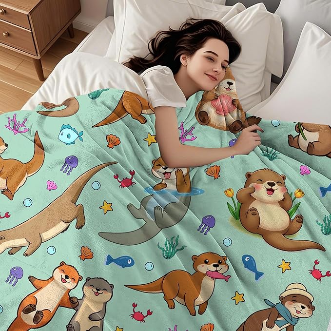 Otter Blanket Ultra Soft Flannel Sea Otters Throw Blanket Otters Birthday Bedding Decor Gifts for Kids Girls Boys Adults 60" x 50"