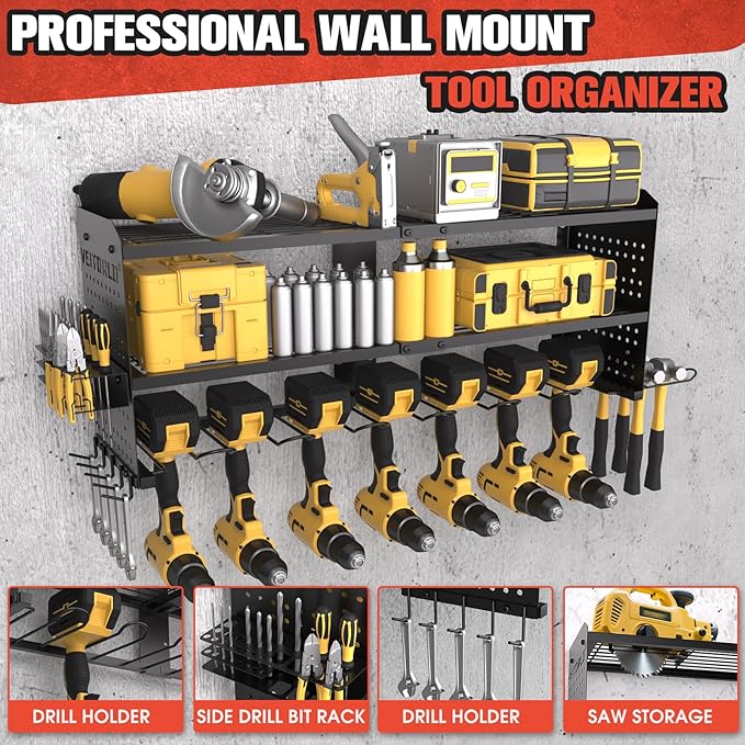 Large Power Tool Organizer Wall Mount, 3-Tier Heavy Duty Metal Loads 260 lbs, 7 Cordless Drill Holder Garage Tool Storage Rack, Utility Shelf for Workshop Shed Basement, Gifts for Men Dad Christmas