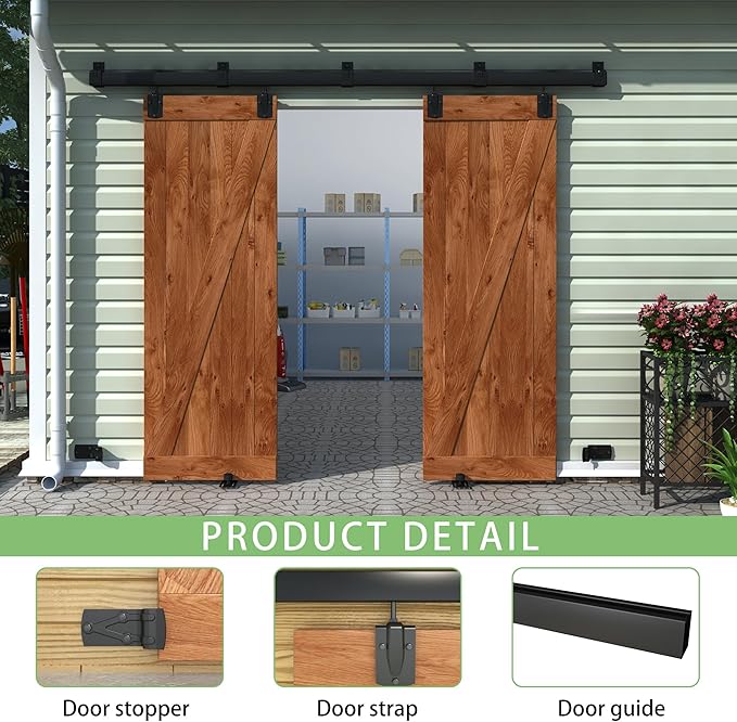 8FT Black Box Rail Exterior Barn Door Hardware Track Kit for 2 Doors, Heavy Duty Barn Door Track Set, Wall Mount Outdoor Weatherproof Double Door Hardware with 5 Track Brackets(No Doors
