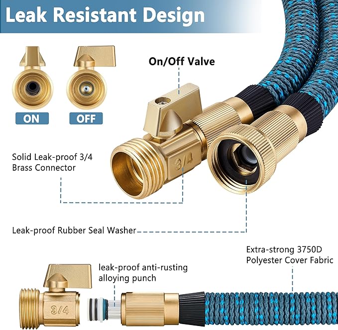 50 FT Expandable Garden Hose -2025 Newly Upgraded Durable Latex Core,3/4 Brass Connector and 10 Functions Spray Nozzle, Extra Strength Fabric, Leak-proof, Lightweight, Kink-free Expanding Water Hoses