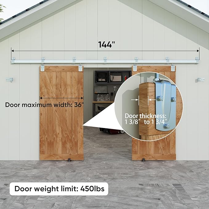 JUBEST 12FT Box Rail Exterior Barn Door Hardware Kit, Heavy Duty Sliding Door Track Kit Wall Mount Door Hardware Kit for Two Doors System(Doors Not Included), Silver