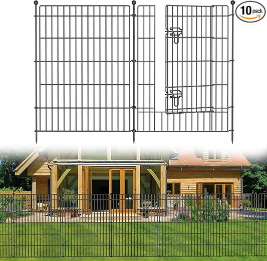 10 Panels No Dig Garden Fence with Gate, 44in(H) × 23.6ft(L) Decorative Metal Outdoor Dog Fence, Rustproof Pet Fencing for Yard, Patio, Flower Bed -Temporary Fencing| Easy to Install