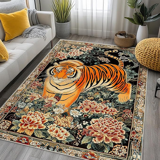 4x6 Tiger Area Rugs Boho Tiger Rug for Living Room Indoor Soft Non-Slip Thin Large Carpet Vintage Rugs for Bedroom Home Decor Under Table Washable Machine