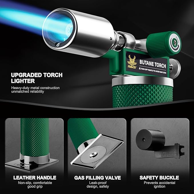 RAVS Butane Torch Lighter, Creme Brulee Torch with Adjustable Flame, Cooking Torch for Baking, BBQ, DIY, Christmas Gifts Stocking Stuffers Gifts for Women, Green, Butane Gas Not Included