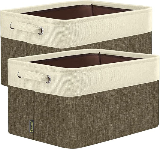 BALEINE 2 Pack Fabric Storage Bins for Shelves, Linen Storage Baskets for Organizing, Decorative Closet Bins for Clothes, Home (Brown, 14''x10''x8.5'')