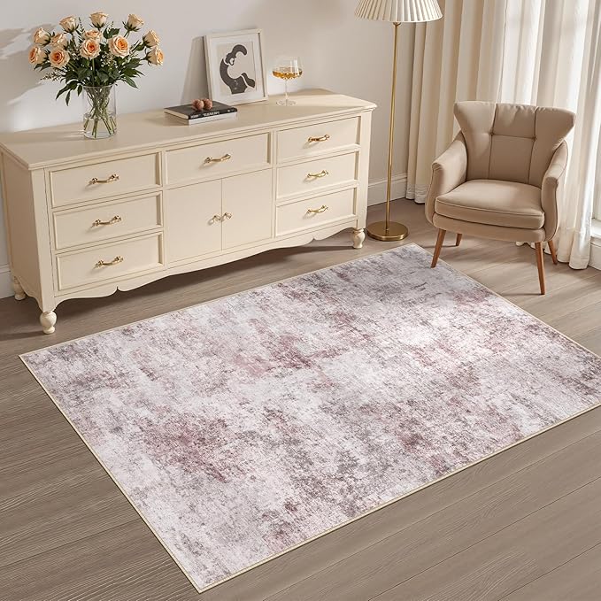 3x5 Area Rug Living Room Rugs - Washable Neutral Modern Abstract Soft Thin Large Rug Indoor Floor No Slip Rug Carpet for Bedroom Under Dining Table Home Office Decor - Pink Grey