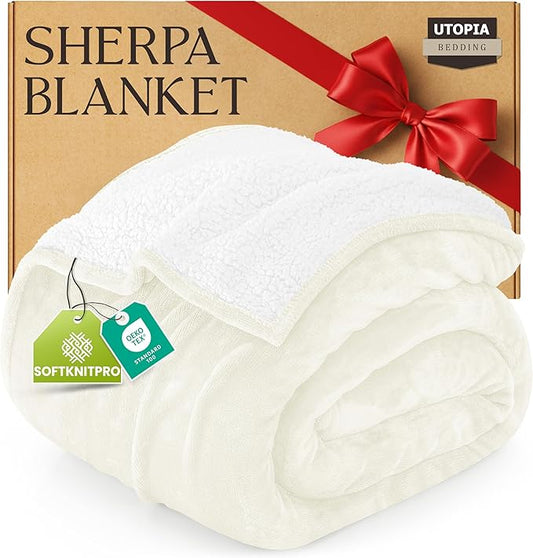 Utopia Bedding Sherpa Blanket California King Size (Ivory, 102x96 Inches) - Soft Plush Fleece Reversible Blanket for Bed, Sofa, Couch, Camping and Travel
