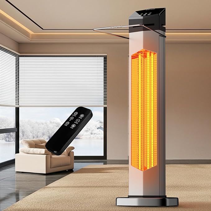 AKIRES 37IN Outdoor Electric Patio Heater,Portable Infrared Heaters With Remote,IP54 Waterproof Tower Space Heater,12H Timer,Large Room Heater for Garage Backyard Porch Balcony Shop Patio,Silver