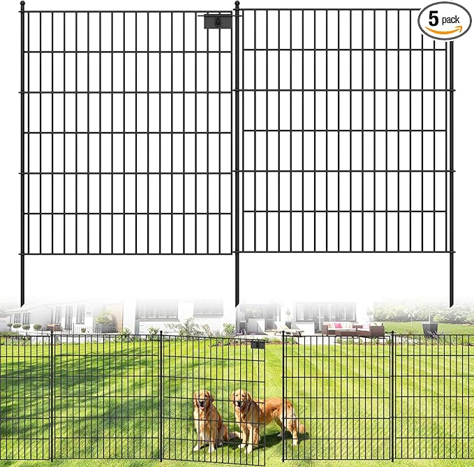 5 Panels No Dig Garden Fence with Gate, 32 in(H) X12.1 ft(L) Metal Fence Panels, Thickened Rustproof Garden Fencing, Animal Barrier for Dogs, Rabbits, and Patio