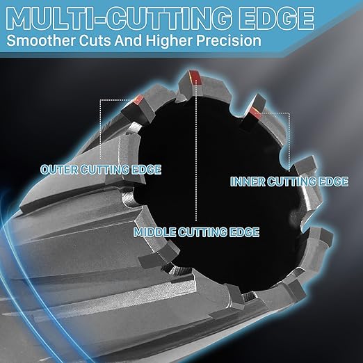 KEENTECH 9-PC Carbide-Tipped Annular Cutter Set, 1/2" to 1-1/16" Cutting Diameter, 1-3/8" Cutting Depth, 1/4" Weldon Shank Mag Drill Bits Kit, 2pcs Pilot Pins& 1pc Hex Wrench Included