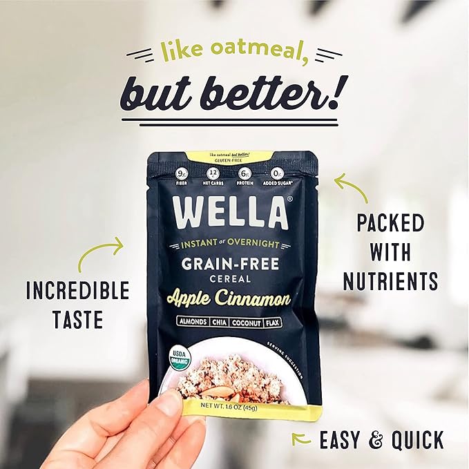 Wella Cereal Oatmeal Alternative, Gluten-Free Breakfast Hot Cereal, Grain-Free Paleo Organic Vegan High Protein Superfood, Plant-Based Non-GMO, Low in Net Carbs, Single-Serve Packets, Apple Cinnamon Flavor (10 Count, 1.6 oz. Packets)