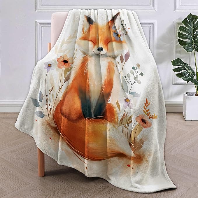 Cute Fox Blanket Gifts for Women Girls Soft Warm Lightweight Cozy Animal Floral Throw Blankets for Bed Sofa Couch Living Room Decor 50x40in