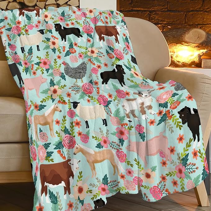 Cow Horse Blanket Super Cozy Soft Pig Goat Blanket Warm Plush Fluffy Chicken Flower Stuff Gifts for Women Girls Fleece Flannel Gift Blankets for Kids Adults 80"X60"