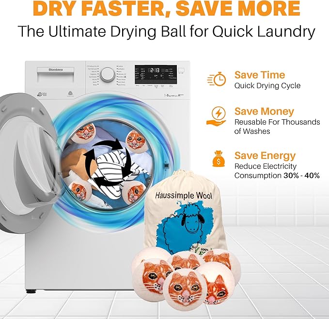 Wool Dryer Balls 6-Pack 100% Natural New Zealand Wool, Handmade in Nepal Reusable Laundry Balls, Faster Drying, Softer Clothes, Anti-Static, Dryer Sheets Alternative (Orange Cat)