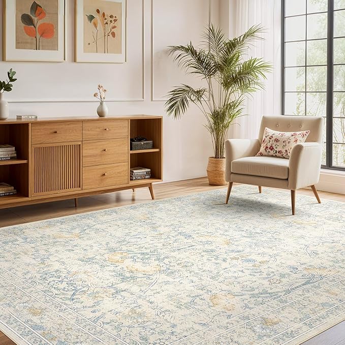 8x10 Area Rug Living Room Rugs - Washable Boho Vintage Floral Large Soft Non Slip Thin Rug Low Pile Carpet for Bedroom Dining Room Kids Playroom Office Decor Indoor- Light Blue