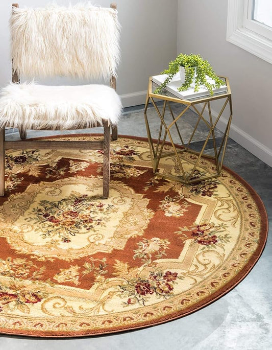 Unique Loom Versailles Collection Traditional Classic Floral Motif Area Rug (8' 0 x 8' 0 Round, Terracotta/ Ivory)